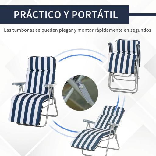  2 Tumbonas de Jardín de Acero con Cojín Acolchado Respaldo Ajustable y Reposapiés 60x75x66-102 cm Azul y Blanco [4]