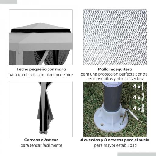 Carpa de Jardín 3x3 m Cenador Gazebo con 4 Mosquiteras Laterales Techo Doble 8 Orificios de Drenaje Marco de Metal Gris [3]