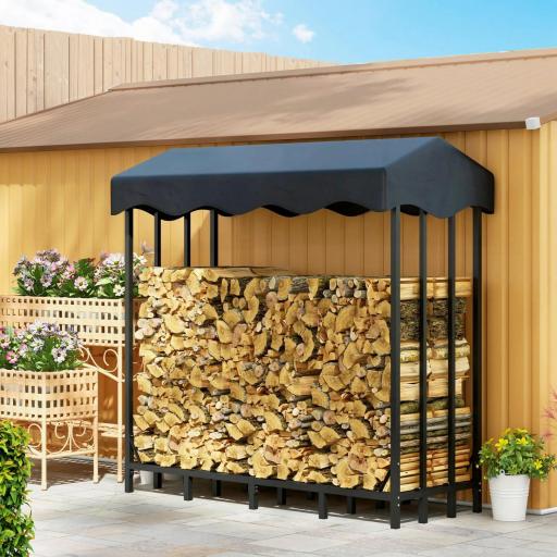 Leñero con Cubierta Soporte para Leña para Exterior con Estructura Reforzada Impermeable 143x70x145 cm Negro [2]