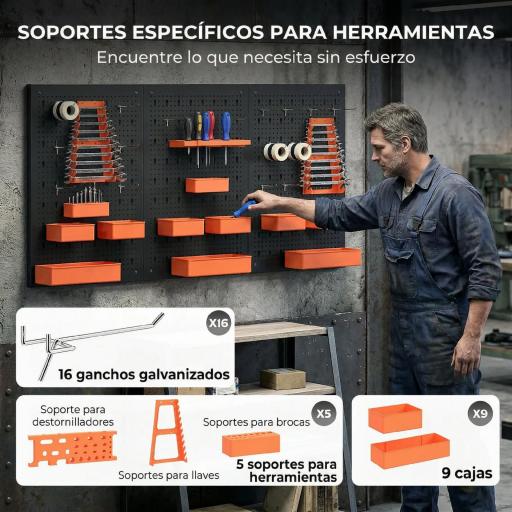 Organizador de Herramientas de Pared de 33 Piezas 120x60 cm con Ganchos Contenedores y Estantes Negro y Naranja [5]