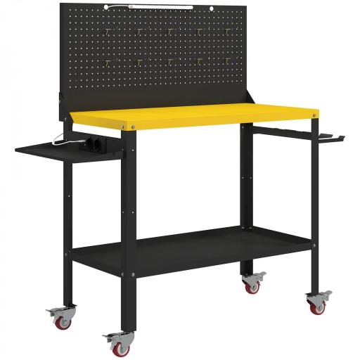 Banco de Trabajo con Panel Perforado Mesa de Trabajo con Enchufes Luz LED Ruedas Marco de Metal Negro y Amarillo [11]
