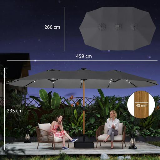 Sombrilla Doble de Jardín 4,6x2,6 m con 48 Luces LED Base Incluida Manivela Sacos de Arena Anti-UV Gris Claro [4]