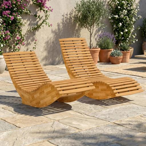 Conjunto de 2 Sillas Mecedoras de Jardín de Madera Ergonómica Plegable con Diseño Listonado 60x156x77 cm Natural [0]