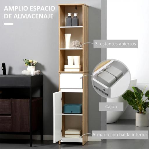 Armario Alto de Baño Mueble Columna de Baño con 1 Puerta Cajón y 3 Estantes Balda Ajustable para Cocina Salón 32,6x30x171,2 cm Madera Natural y Blanco [3]