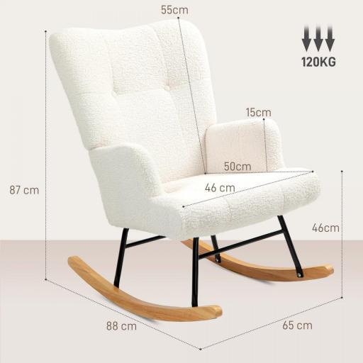 Silla Mecedora de Borreguito con Respaldo Capitoné y Base de Madera de Caucho para Salón o Dormitorio 65x88x87 cm Crema [2]