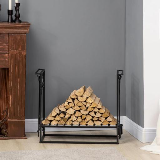 Estante para Leña de Chimenea 75x30x60 cm Soporte para Leña Tradicional Portaleña de Diseño Vintage con 4 Herramientas Base Elevada Carga Máx. 100 kg Acero para Interior y Exterior Negro [6]