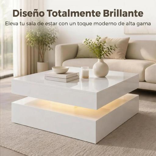 Mesa de Centro con LED RGB de Alto Brillo con Almacenamiento Abierto y Mando a Distancia 78x78x40 cm Blanco Brillante [4]