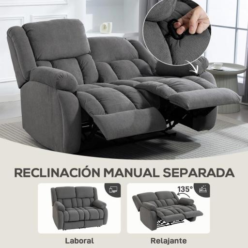 Sillón de 2 Plazas Relax Reclinable Manual Sillón Relax Tapizado en Terciopelo Reposapiés Ajustable Asiento Amplio Gris [5]