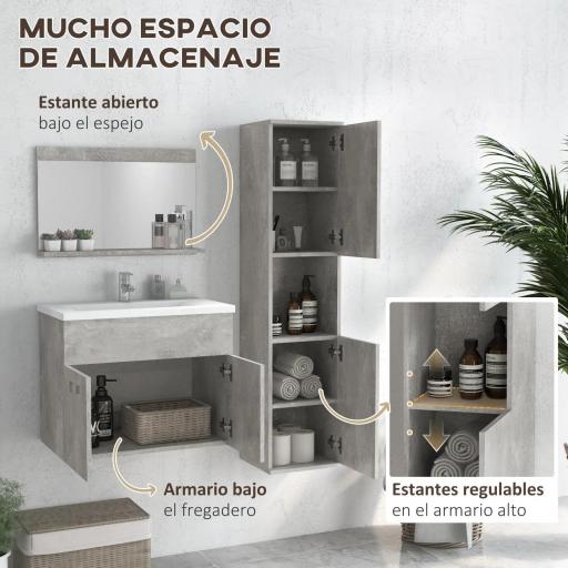 Conjunto de Muebles de Baño de Pared 3 Piezas Incluye Espejo Armario con Lavabo Cerámico y Columna Auxiliar de Baño Gris [3]