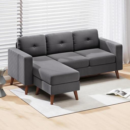 Sofá Chaise Longue Reversible de 3 Plazas Tapizado en Pana Marco de Acero para Espacios Reducidos Gris Oscuro [2]
