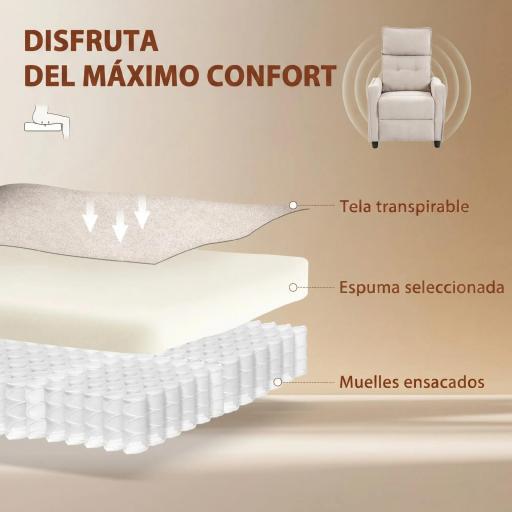 Sillón de Masaje Reclinable con Reposapiés 2 Zonas de Masaje Asiento de Muelles Bolsillos Tapizado en Lino Crema [6]