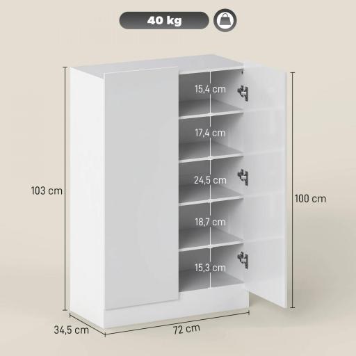 Zapatero Entrada Recibidor con 2 Puertas con Cierre Suave y Estantes Ajustables para 20 Pares de Zapatos Blanco Brillo [1]