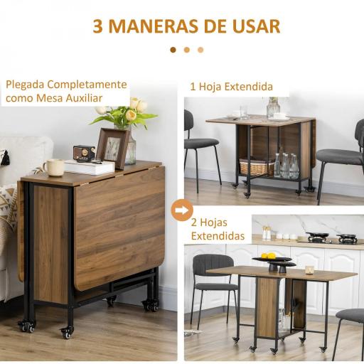 Mesa de Cocina Plegable con Ruedas Alas Abatibles y Estante Mesa Plegable para Salón 130x80x74 cm Marrón [3]