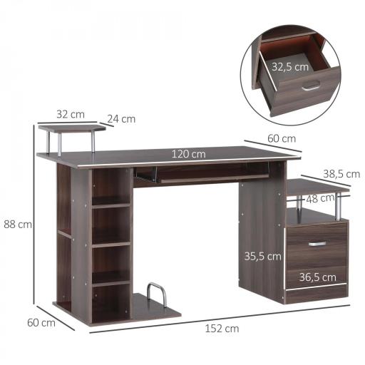 Mesa de Ordenador 120 cm Mesa de Escritorio con Múltiples Estantes Cajón Bandeja de Teclado 152x60x88 cm Marrón [1]