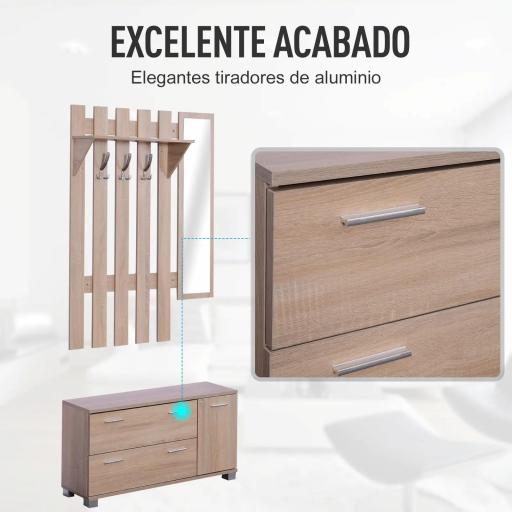 Conjunto de Recibidor de Entrada con Espejo Perchero Zapatero 3 Ganchos Estante y 2 Cajones para Pasillo Roble [5]