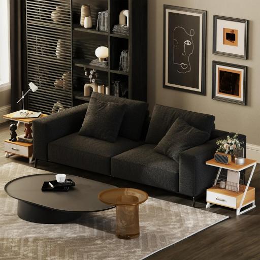 Juego de 2 Mesitas Auxiliares en Forma de Z con Cajón y Compartimento Mesita Auxiliar para Salón 40x35x50 cm Natural