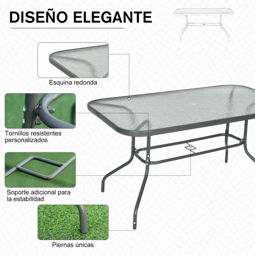 Mesa de Jardín Exterior Rectangular de Metal Bordes Curvos con Orificio para Sombrilla Capacidad 70kg Vidrio Templado 140x80x70 cm Gris Carbón [5]