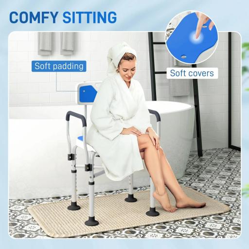Silla de Ducha con Asiento Ranurado Altura Regulable Antideslizante Respaldo y Reposabrazos Carga 136 kg Azul [7]