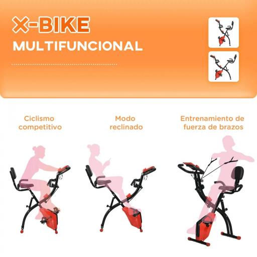 Bicicleta Estática Plegable 3 en 1 con Respaldo y 8 Niveles Resistencia Magnética, Bicicleta Estática para Casa Ajustable con Monitor LCD Volante Banda Sensor de Pulso Soporte de Teléfono Rojo [5]