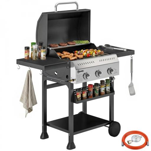 Barbacoa de Gas con 3 Quemadores Termómetro Parrilla Mesas Laterales Plegables Estante y Ruedas 123x57x102 cm Negro [8]