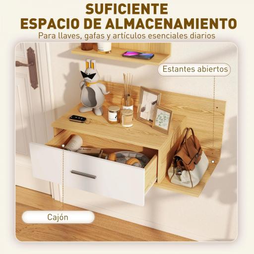 Conjunto de Recibidor de Entrada de Pared con Espejo y Almacenaje Espejo con Cajón y 2 Estantes Abiertos Madera Natural [5]