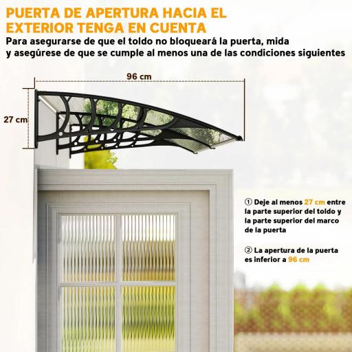 Tejadillo de Protección 200x96x27 cm Marquesina Exterior para Puertas y Ventanas contra Sol y Lluvia Transparente [5]