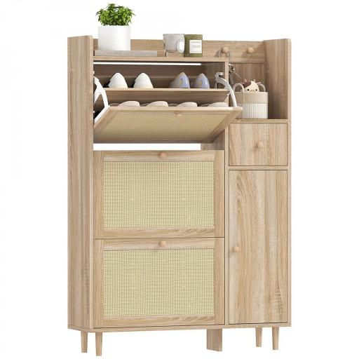 Zapatero con 3 Cajones Abatibles con Frentes de Ratán Cajón y Armario para Decoraciones y Llaves 80x23x120 cm Roble [9]