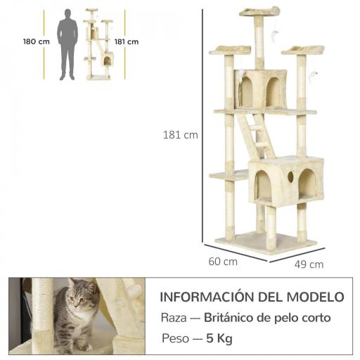 Rascador Árbol para Gatos Grande 60x50x181 cm con Poste de Arañar Múltiples Plataformas Escaleras Cuevas Juguetes Centro de Actividades Beige [1]
