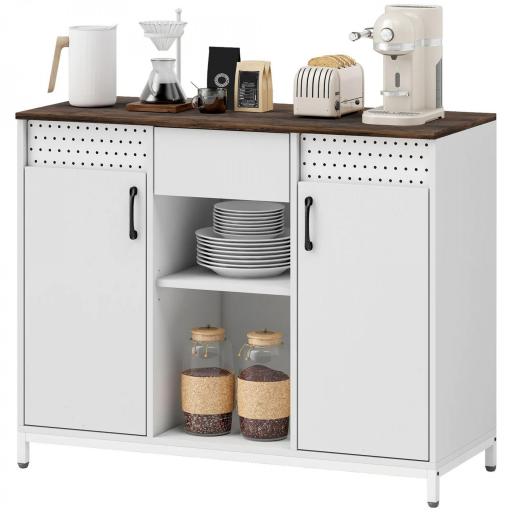 Aparador para Salón con 2 Puertas con Orificios Cajón Compartimentos Abiertos Estantes Ajustables 100x40x80 cm Blanco [10]