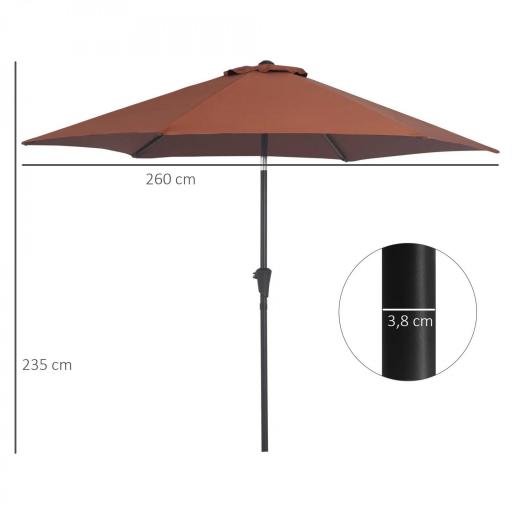 Sombrilla para Jardín Ø260x235 cm Parasol de Aluminio Reclinable con Manivela y 6 Varillas de Metal Café [1]