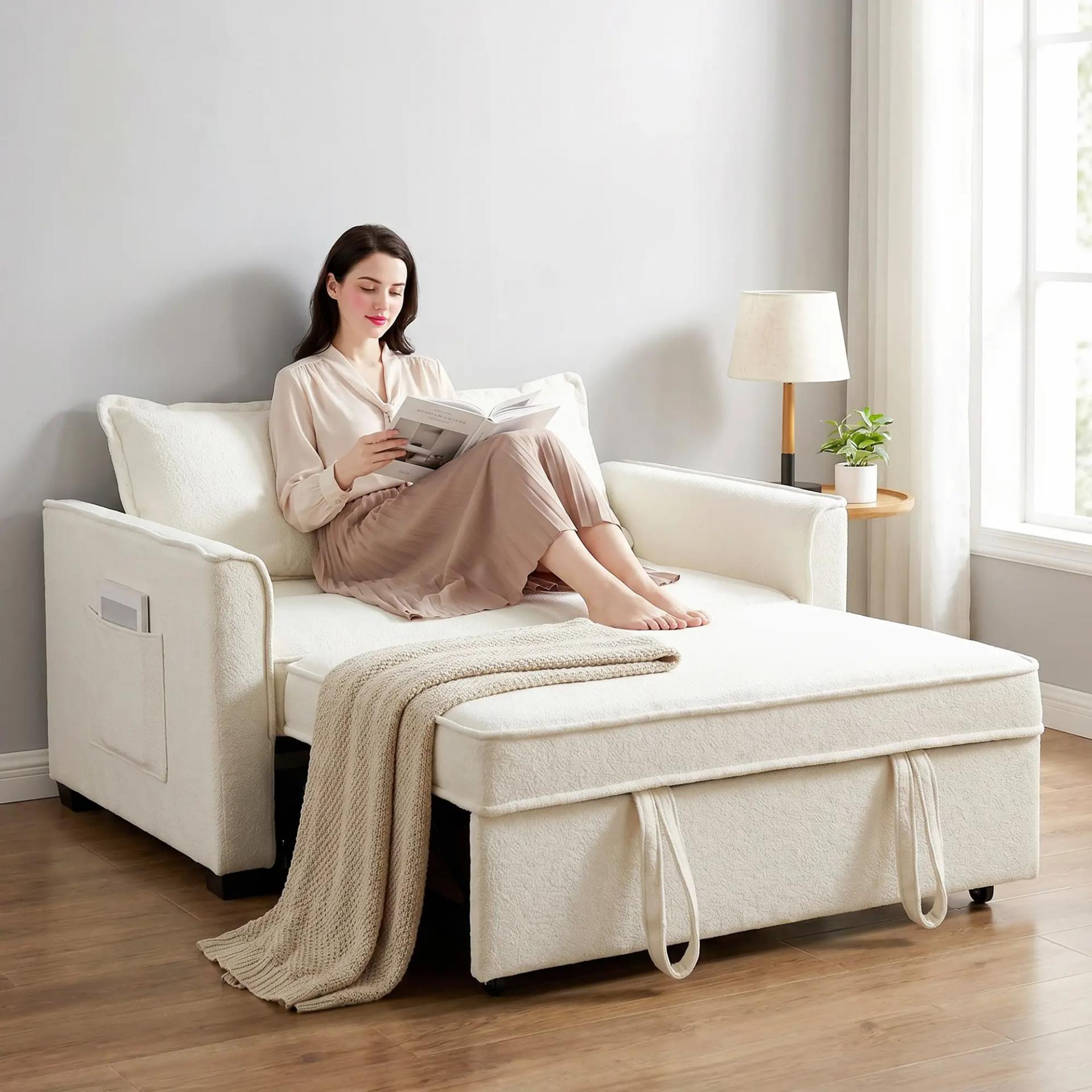 Sofá Cama 2 Plazas 3 en 1 con Respaldo Ajustable Bolsillos Laterales 2 Almohadas para Sala de Estar Blanco Crema