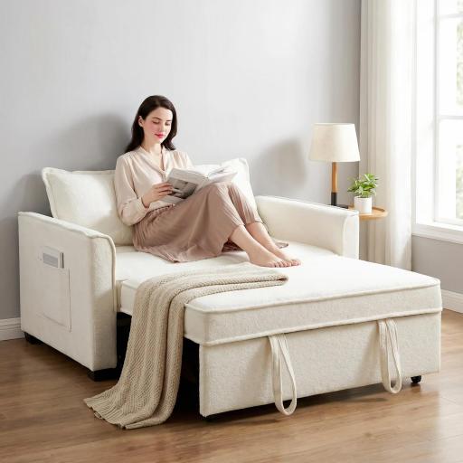 Sofá Cama 2 Plazas 3 en 1 con Respaldo Ajustable Bolsillos Laterales 2 Almohadas para Sala de Estar Blanco Crema [0]