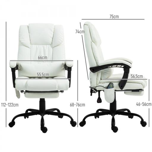 Silla de Oficina con Masaje de 6 Puntos Respaldo Alto Reclinable Altura Ajustable Reposapiés y Mando a Distancia Blanco [1]