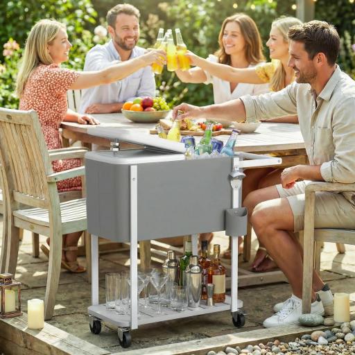 Carrito Nevera de 56L con Ruedas Estante Abrebotellas Recogetapas Drenaje y Asa para Patio Fiesta 84x38x83 cm Gris [0]