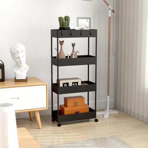 Carro de Cocina de 4 Niveles Carrito Auxiliar con Ruedas 4 Cestas y 4 Ganchos Extraíbles para Salón 40x19x90 cm Negro [3]