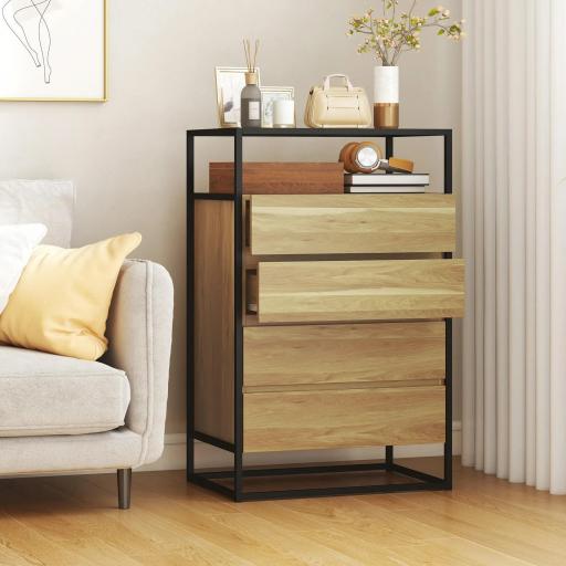 Cómoda Dormitorio con 4 Cajones Superficie de Vidrio Templado Estante Abierto Estructura de Acero 60x40x94,5 cm Teca [6]