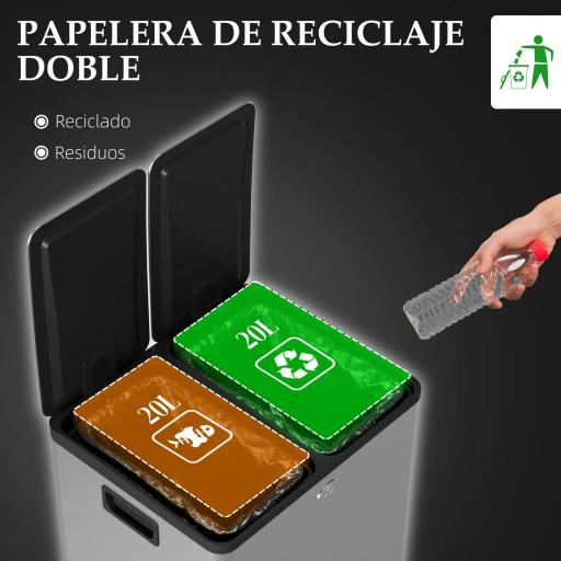 Papelera de Cocina de Acero Inoxidable con 2 Compartimentos 2x20L Pedal Tapas de Cierre Suave y Cubo Extraíble Plata [4]