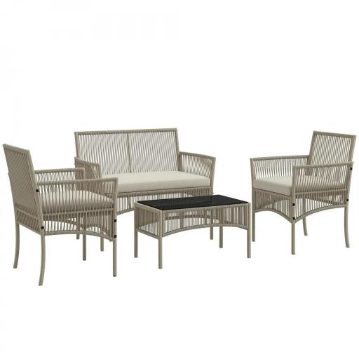 Juego de 4 Piezas Muebles de Terraza con 1 Sofá de 2 Plazas 2 Sillones y 1 Mesa de Centro con Encimera de Cristal Caqui [9]