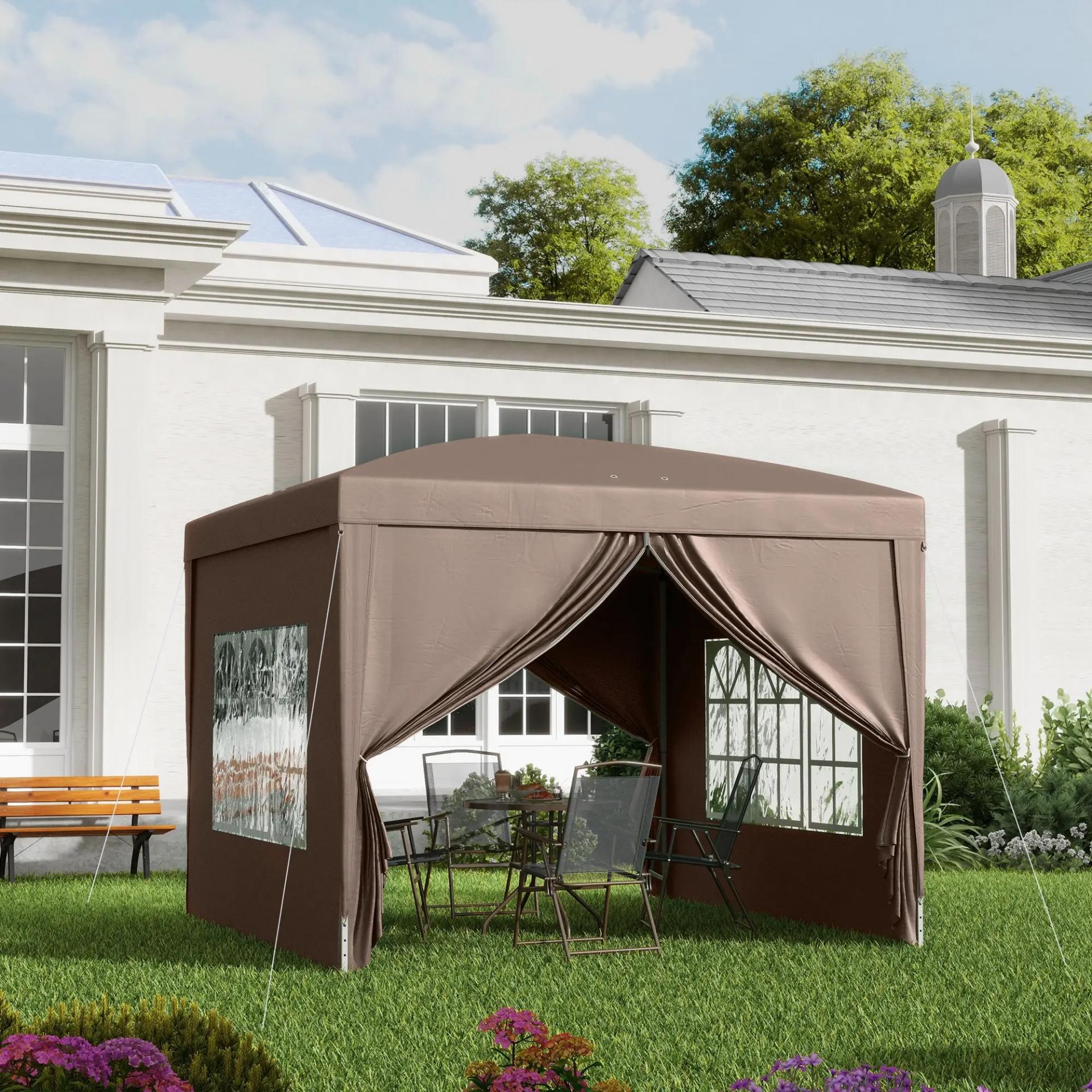 Carpa Plegable Pop-up 3x3 m con 4 Paredes Laterales Anti-UV y Bolsa de Transporte Café