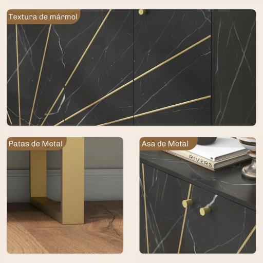 Aparador de Salón con 2 Armarios y Estante Interior Ajustable Buffet acabado Efecto Mármol 107x35x75 cm Negro y Dorado [8]