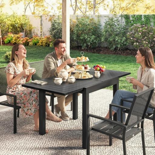 Mesa de Comedor Exterior Extensible 80/160 cm para 4-6 Personas de Aluminio con Tapa de Listones Efecto Madera Negro [3]