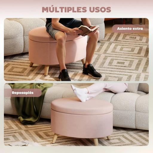 Puff Almacenaje Ovalado Banco Almacenaje 71x51,5x42 cm Tapizado en Terciopelo con Patas de Madera Maciza Rosa Claro [6]