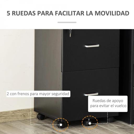 Cajonera de Oficina Mueble Auxiliar con 2 Cajones Cierre con Llave para Estudio Despacho 43x45x72 cm Negro [3]
