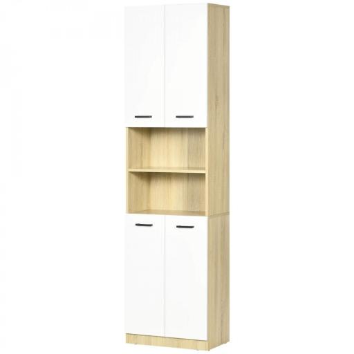 Armario Alto de Baño con 4 Puertas 2 Estantes Abiertos y Estantes Ajustables 53x33,5x195,7 cm Blanco y Roble [8]