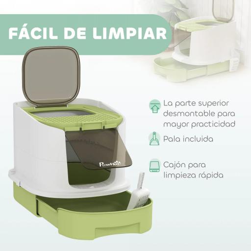 Arenero Cerrado para Gatos con Entrada Frontal Salida Superior Bandeja Extraíble y Pala 40,5x52,5x42,5 cm Blanco y Verde [4]