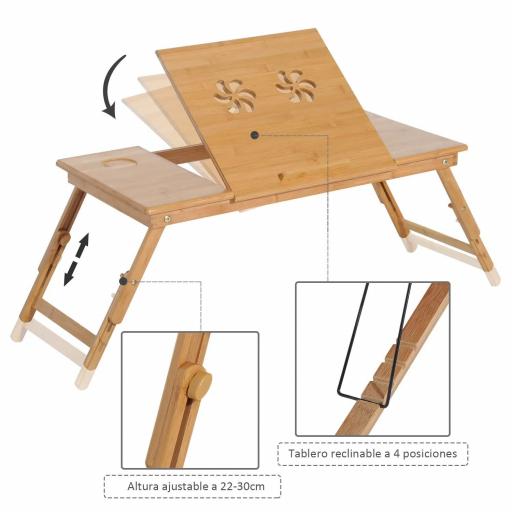 Mesa de Ordenador Portátil Bambú Bandeja de Cama Desayuno Plegable Reclinable Altura Ajustable Soporte Escritorio de regazo 1 Cajón 72x35x22-30cm [6]