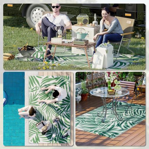 Alfombra Reversible 152x243 cm con Patrón de Hojas para Terraza Balcón Patio Camping Playa Verde Oscuro y Blanco [6]