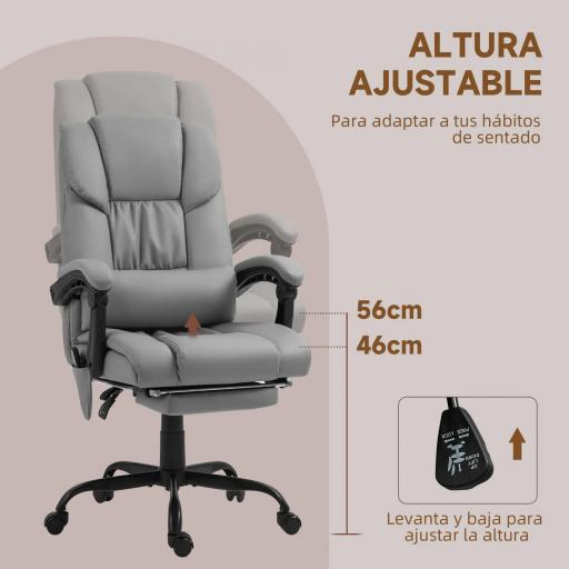 Silla de Oficina con Masaje de 6 Puntos Respaldo Alto Reclinable Altura Ajustable Reposapiés y Mando a Distancia Gris [7]