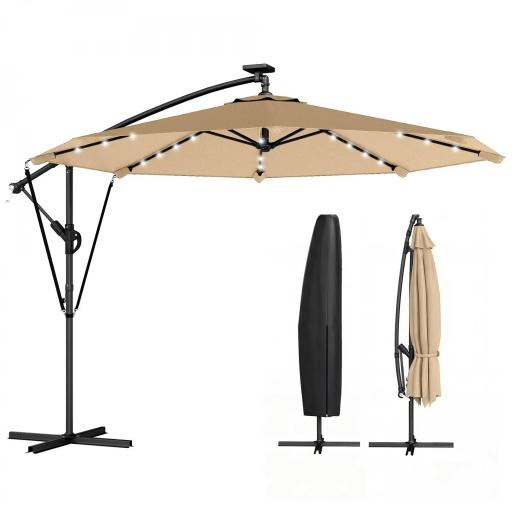Parasol Excéntrico con Luces LED Solares 330x295 cm Sombrilla Jardín con Base Cruzada Manivela Funda Protectora Caqui [9]
