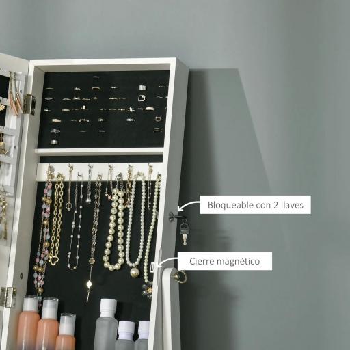 Espejo Joyero de Pie con Ángulo Ajustable y Ranuras para Pendientes Anillos y Collares 46x36,5x151,5 cm Blanco [7]